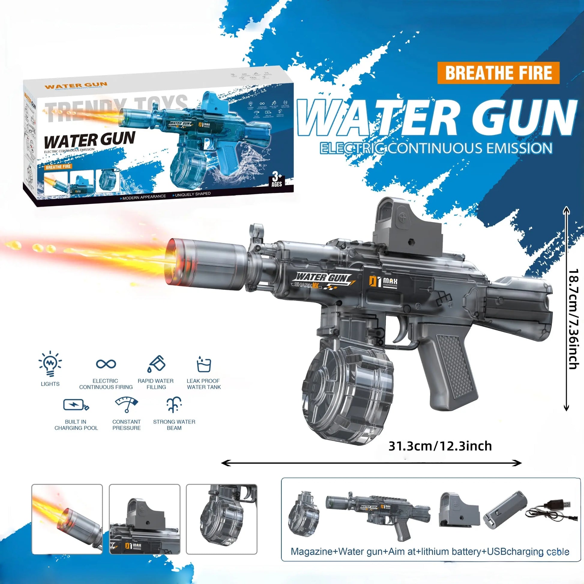 Electric Water Gun, Automatic High-Speed Squirt Gun with LED Lights, Outdoor Beach Water Toy for Adults & Kids, Water Squirt Guns